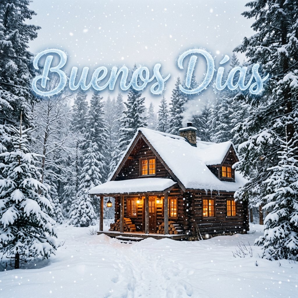 Paisaje invernal de buenos días con cabaña en la nieve